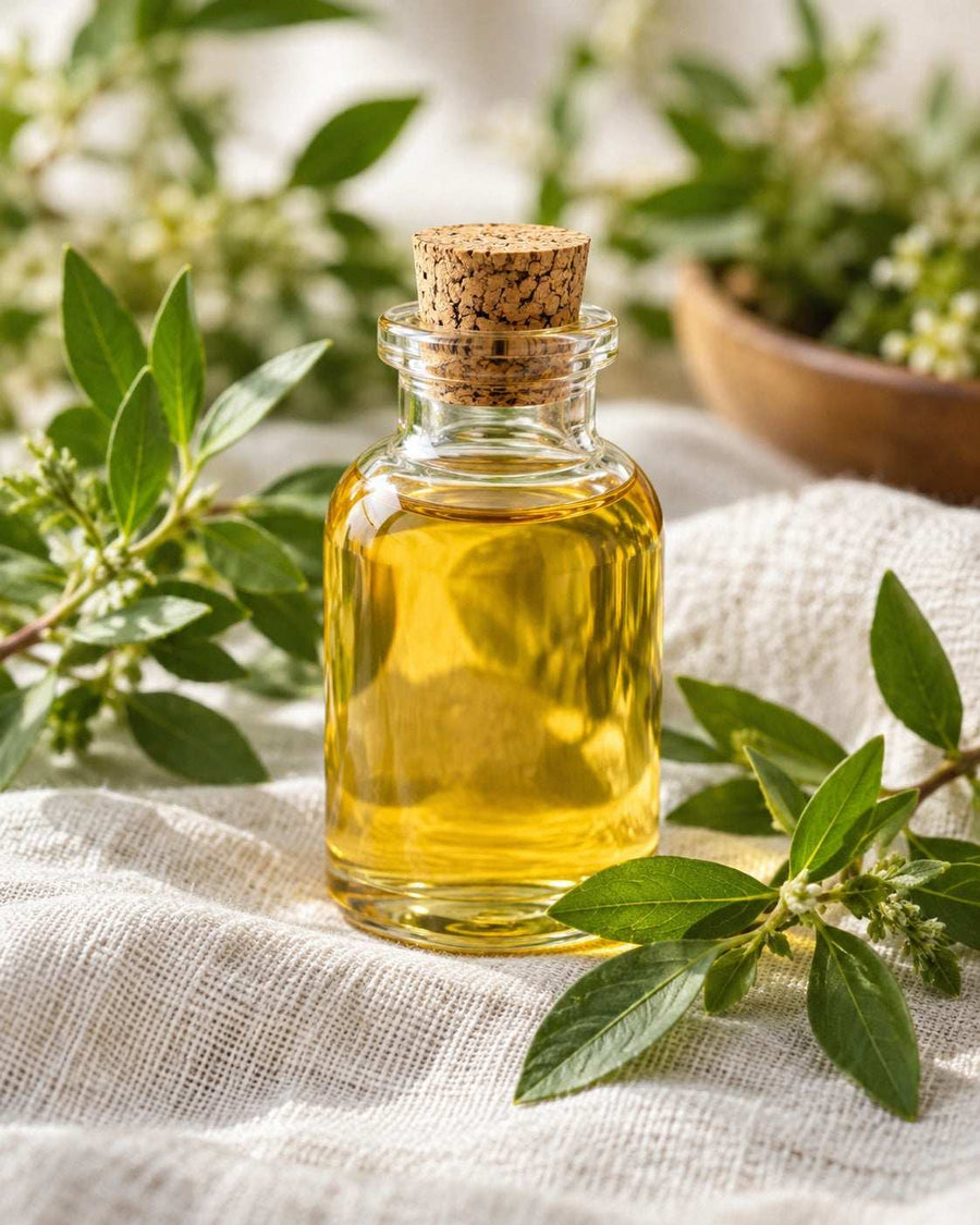 Frasco de extracto vegetal rodeado de hojas verdes